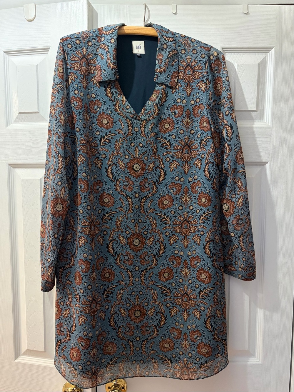 CAbi Blue Floral Long-Sleeve Tunic Dress with Brown Accents